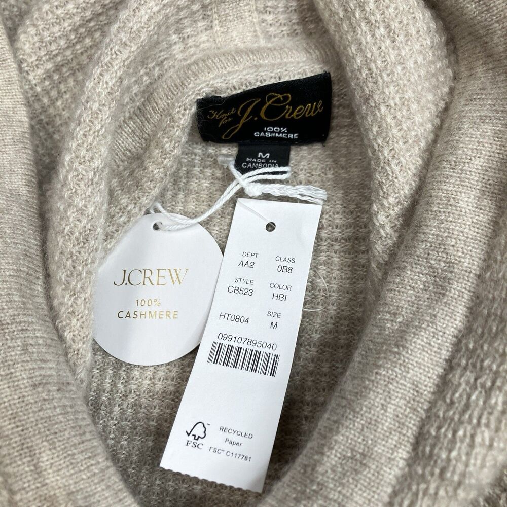 J Crew Hoodie Mens M Oatmeal 100% Cashmere Waffle Knit Pullover Sweater CB523 - Picture 6 of 11